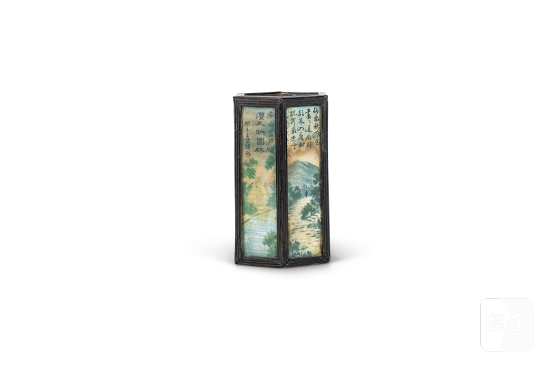 木胎玻璃画山水诗文六方笔筒